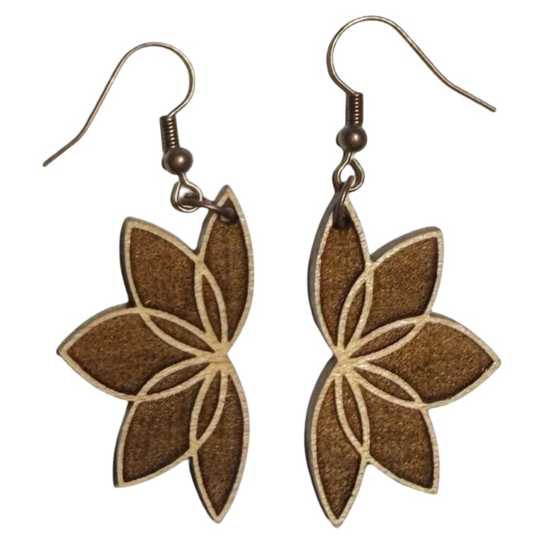 Engraved Wood Lotus Flower Dangle Earrings- Handmade Jewelry Gift 2 Lotus Flower Wood Dangle Earrings Med Maple Hardwood 1.5 in