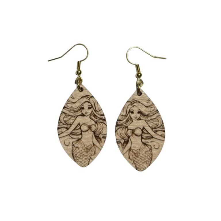 Mermaid Laser Cut Wood Dangle Earrings- Handmade Jewelry 1 Mermaid Wood Dangle Earrings