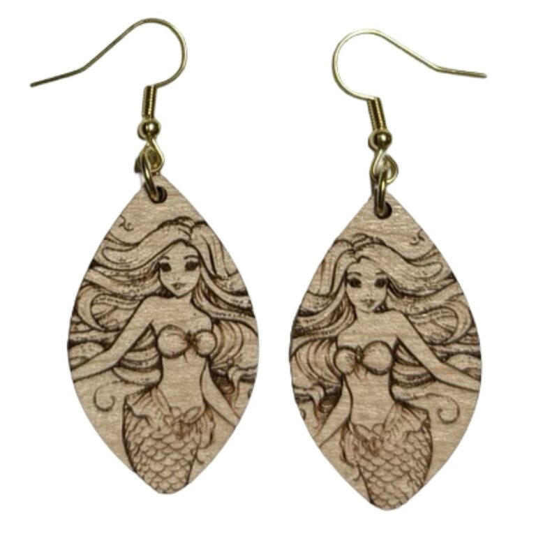 Mermaid Laser Cut Wood Dangle Earrings- Handmade Jewelry 2 Mermaid Wood Dangle Earrings Med Maple Hardwood 1.5 in