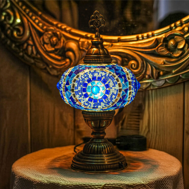 Mozaist Turkish Mosaic Table Lamp, Blue Color Hand Made Table Lamp with Led Light Bulb 7 NSCF8189b