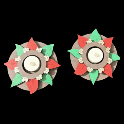 Poinsettia Painted Wood Tea Light Holders Set of 2