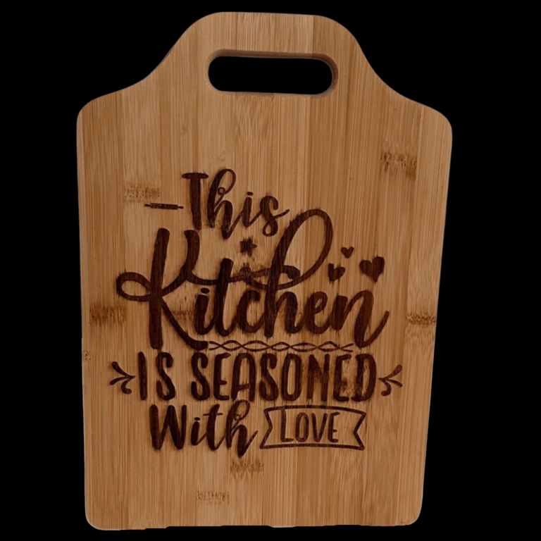This Kitchen Is Seasoned Laser Engraved Bamboo Cutting Board With Handle 13x9 1