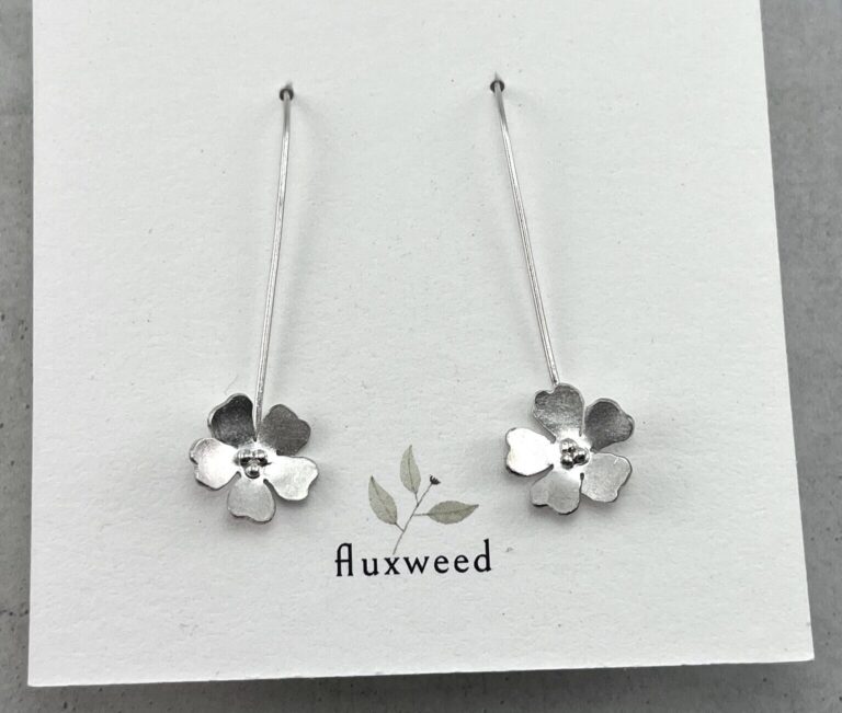 cropped silverfivepetalheartshapeflowerlongearringsoncard scaled 1