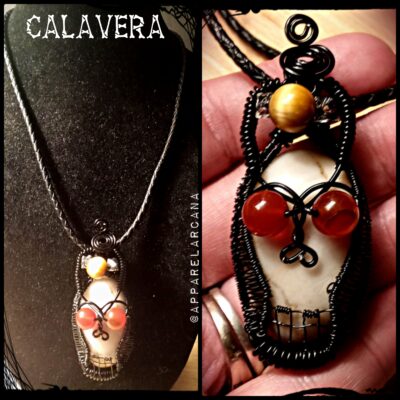Calavera ~ White Jasper Agate Tigers Eye & Glass Wire Wrap Skull Pendant