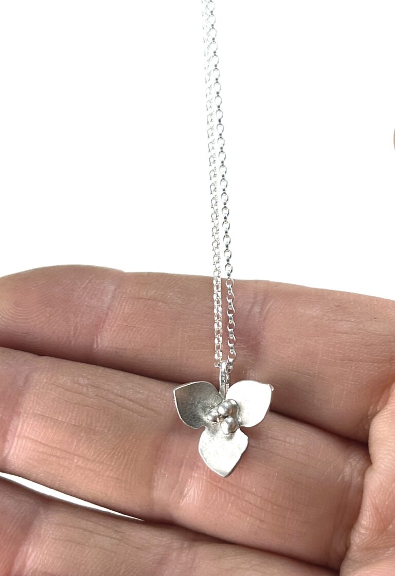 Sterling Silver Trillium Flower pendant Necklace with hand