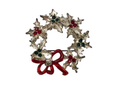 Rhinestone Silver Christmas Holly Berry Wreath Brooch Pin