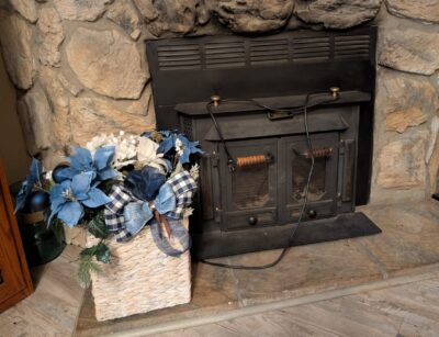 Winter Ridge Basket: Blue Buffalo Check Poinsettia Arrangement - Rustic Blue Christmas Decor