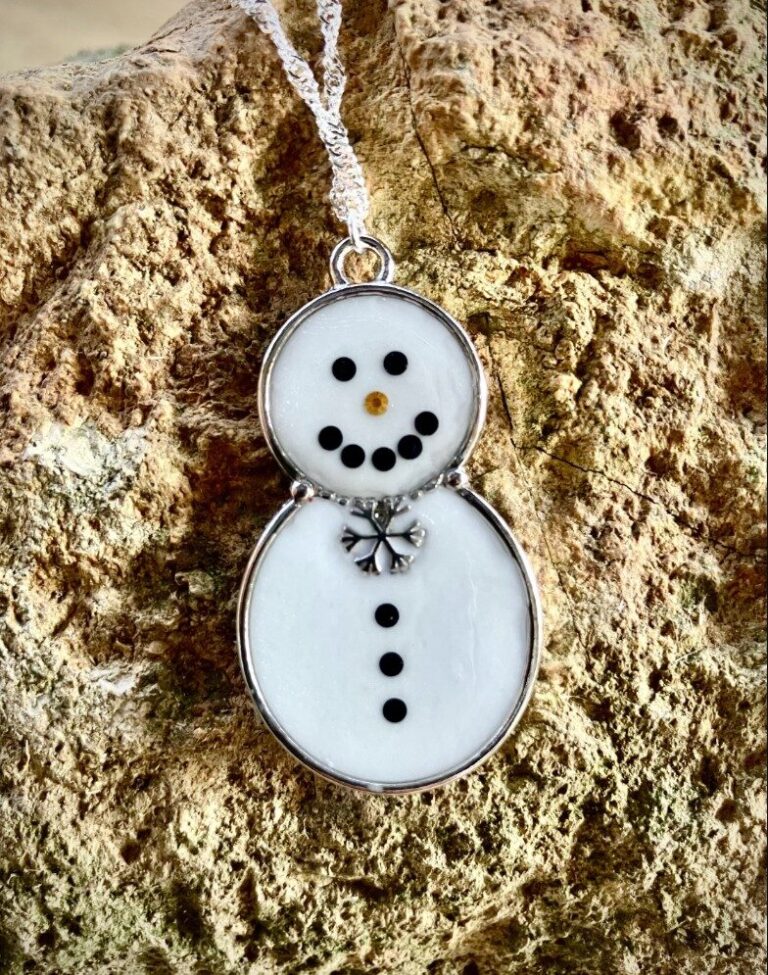 Handmade Snowman Necklace: White Resin Pendant, Silver Water Ripple Chain 2 cropped Snowman 1