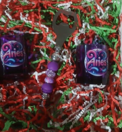 Aries purple 2 shot glasses bottle opener set