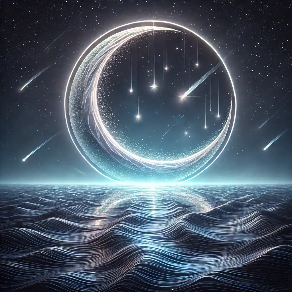 DALL·E 2025 02 05 11.54.04 A highly realistic logo design featuring a crescent moon above a vast ocean with shooting stars streaking across the night sky. The ocean has detaile