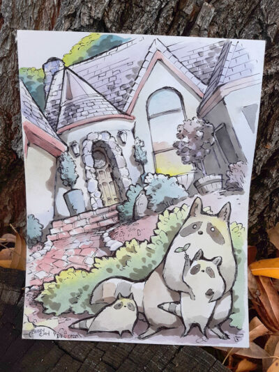 Watercolor Raccoon Family