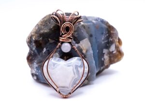Pure Balance Wire Wrapped White Plume Agate Heart Necklace