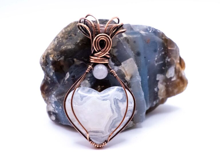Pure Balance Wire Wrapped White Plume Agate Heart Necklace