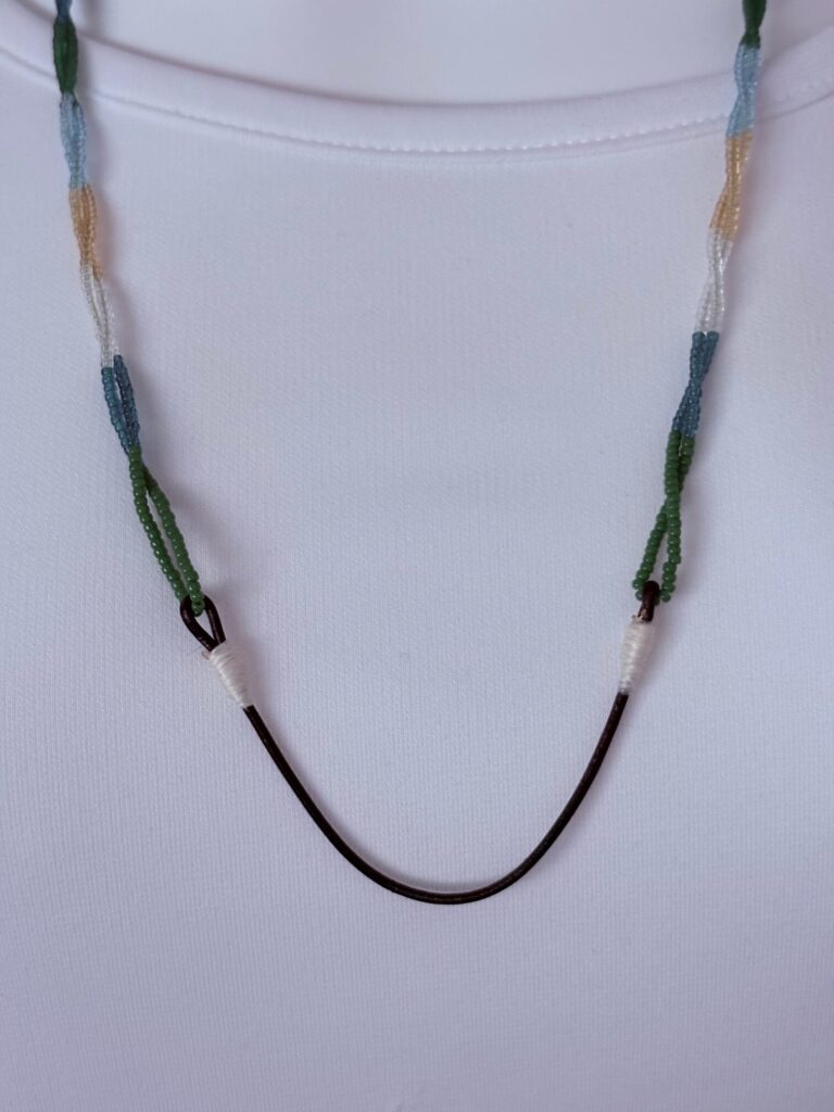 Glass Seed Bead Shield Style Necklace 4 Dark Green Leather Cord