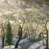 Painting of a country road covered with snow and ice, surrounded by snow-covered trees, along with houses in the near distance.