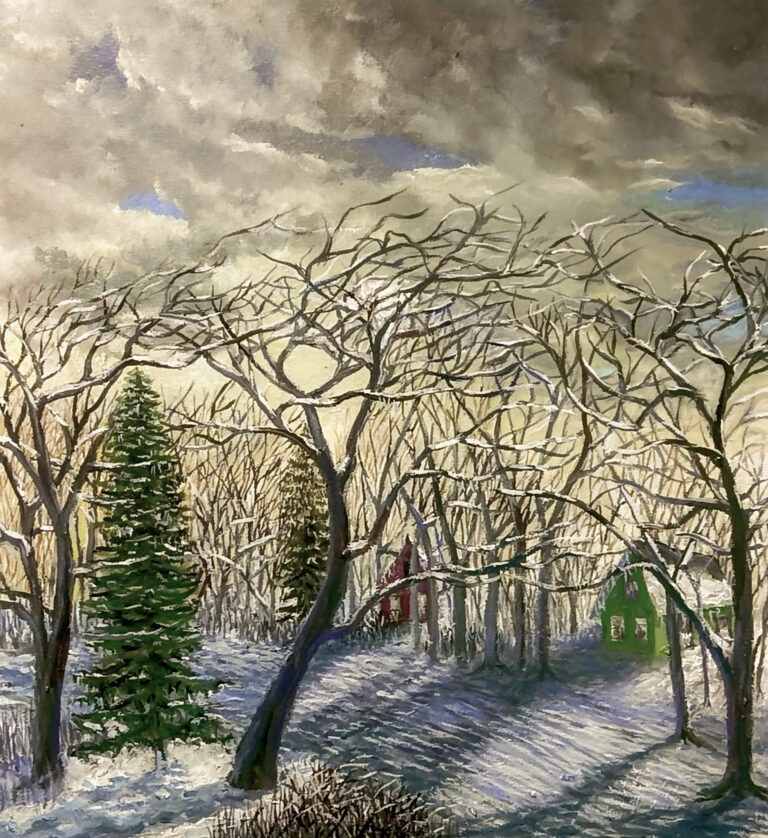 Painting of a country road covered with snow and ice, surrounded by snow-covered trees, along with houses in the near distance.