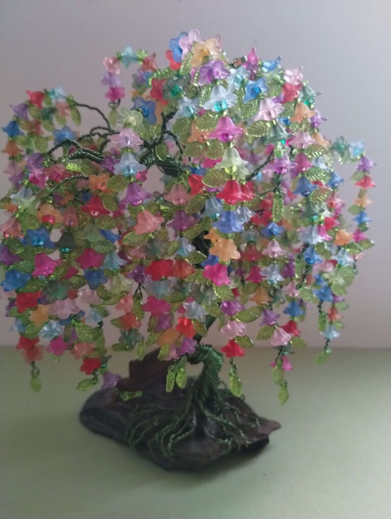 Colorful Weeping Willow Wire Tree, Wire Tree Sculpture - Rainbow Beaded Wire Art 4 Flowering Weeping Willow Wire Tree back