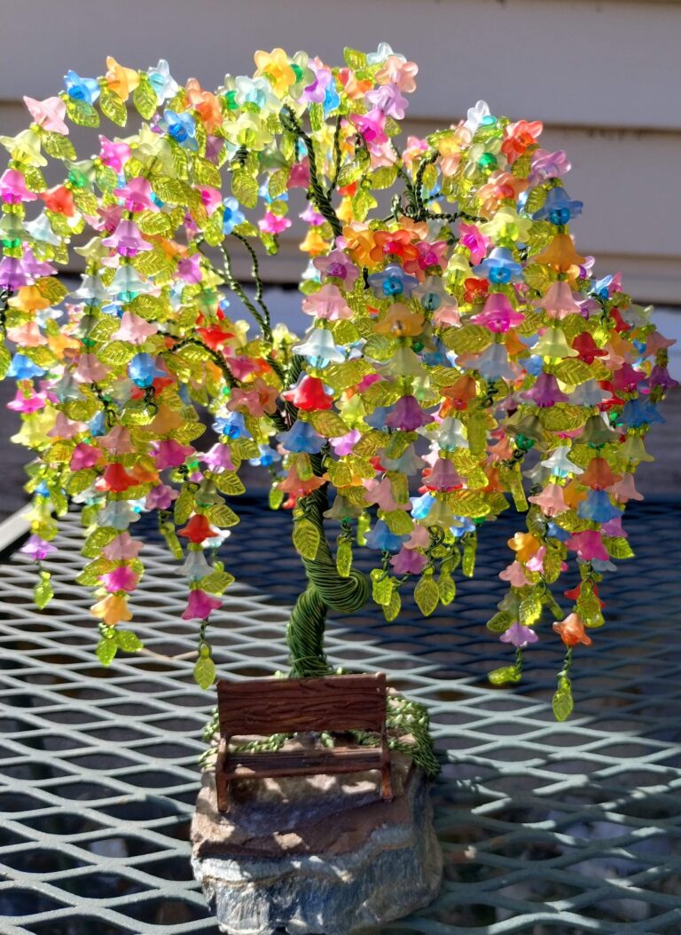 Colorful Weeping Willow Wire Tree, Wire Tree Sculpture - Rainbow Beaded Wire Art 2 Flowering weeping willow wire tree in sun.