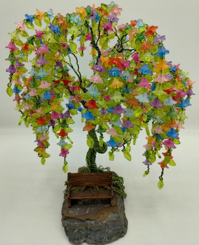 Colorful Weeping Willow Wire Tree, Wire Tree Sculpture - Rainbow Beaded Wire Art 1 Weeping Willow Wire Tree with multiple colored flowers and leaves.