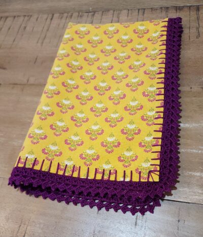 Floral Tea Towel with Handmade Crochet Edging | Yellow Kitchen Towel | Heirloom Style Linen