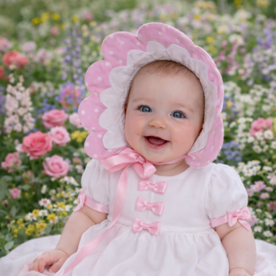 Baby Bonnet Pink & White Appliqued