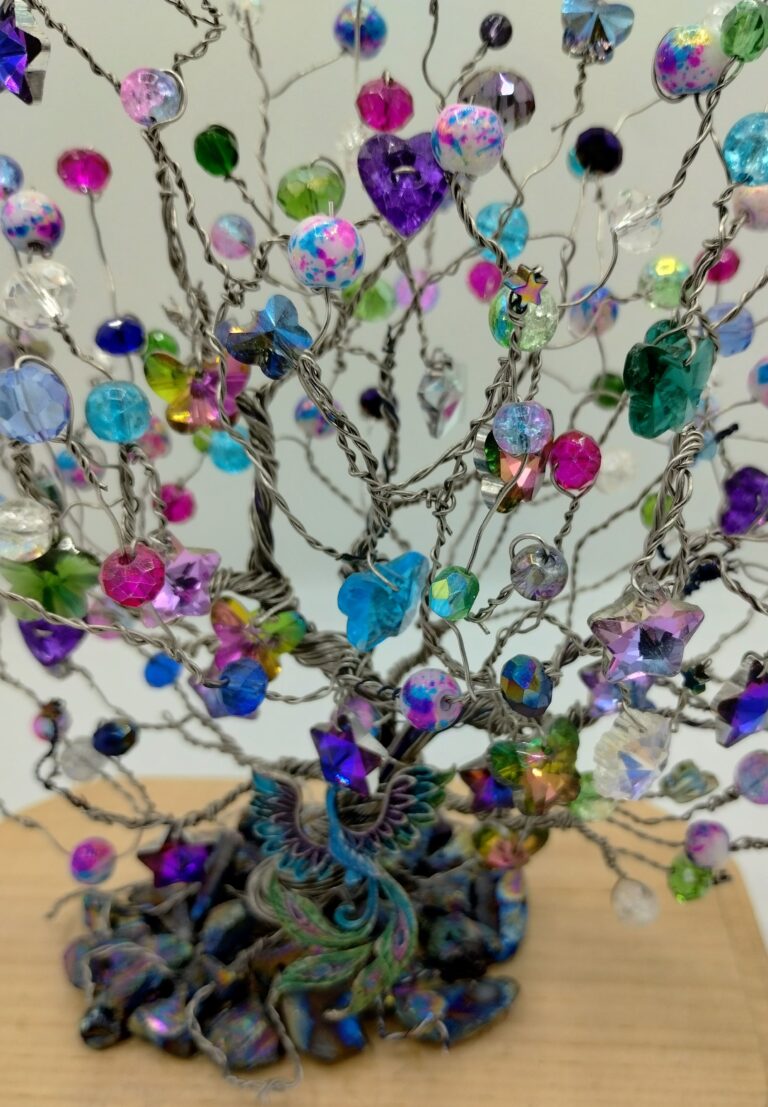Elegant Peacock Wire Tree Sculpture - Whimsical Tree With Sparkling Breads 3 Close up of the bead and peacock detail of the wire tree