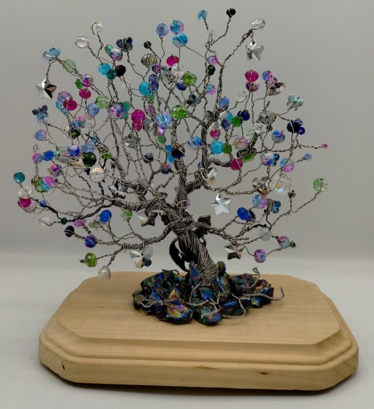 Elegant Peacock Wire Tree Sculpture - Whimsical Tree With Sparkling Breads 2 Back view of peacock wire tree. Silver tree with colorful and sparkly beads on wooded base.