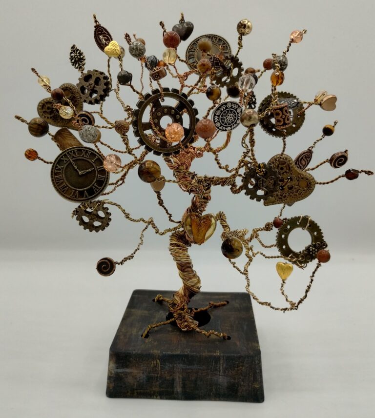 Retro-futuristic Steampunk Wire Tree Sculpture - Industrial Style Art 2 Wire tree in Steampunk style. Made with brown, gold and coper colors.