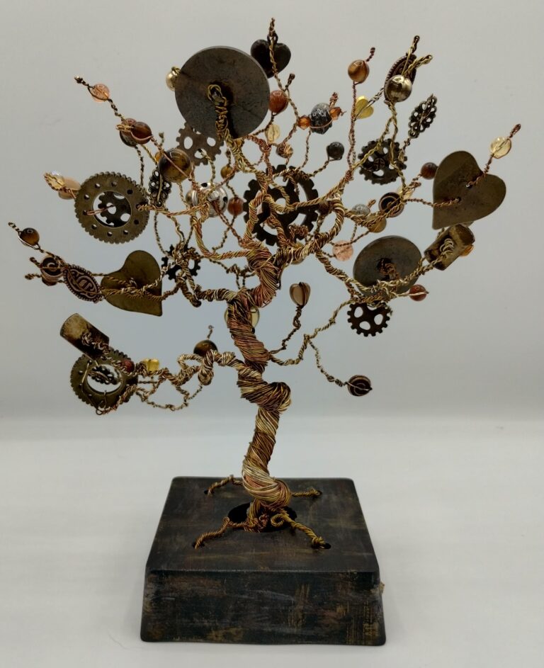 Retro-futuristic Steampunk Wire Tree Sculpture - Industrial Style Art 3 Wire Tree made in a steampunk style. Made with coper, gold and brown colors.
