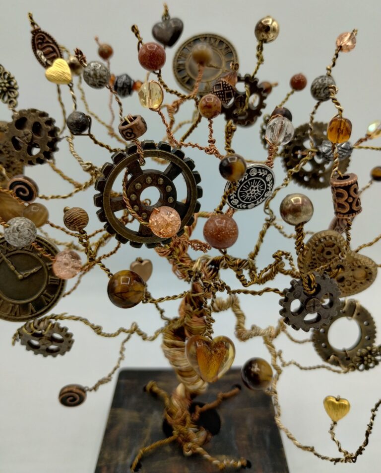 Retro-futuristic Steampunk Wire Tree Sculpture - Industrial Style Art 4 Close up of steampunk tree. Showing details of the beads and wire work.