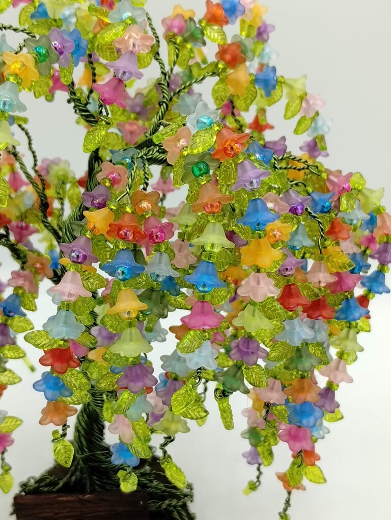 Colorful Weeping Willow Wire Tree, Wire Tree Sculpture - Rainbow Beaded Wire Art 3 Flowering Weeping Willow Wire Tree Close up.
