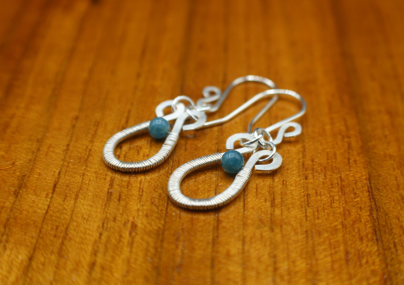 Wire Wrapped Teardrop Earrings, Blue Apatite Bead, Bright Silver Plate, Minimalist Dangle, Lightweight