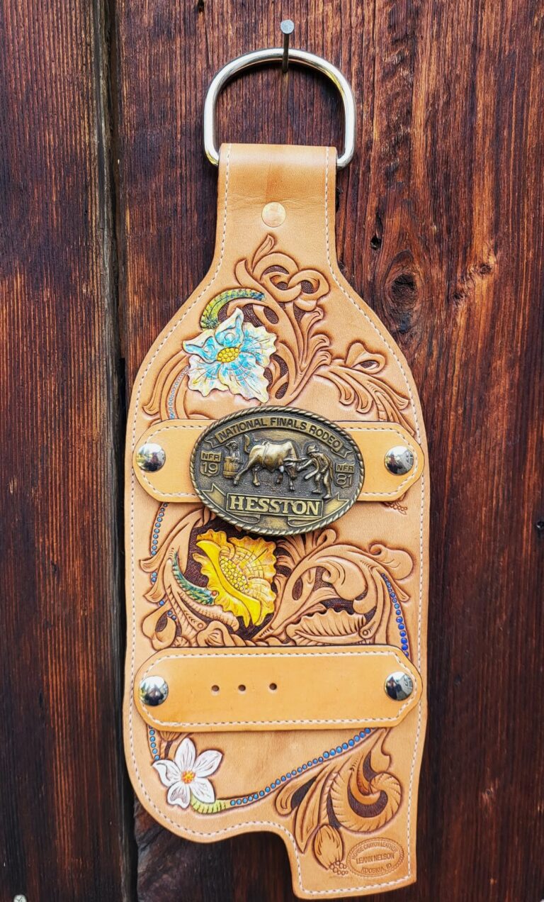 Leather Hand Carved Trophy Buckle Display Wall Art 2 2 Buckle fender complete outside