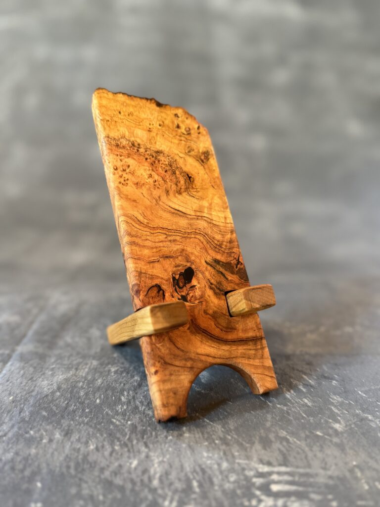 phone holder, phone stand, wood cherry burl