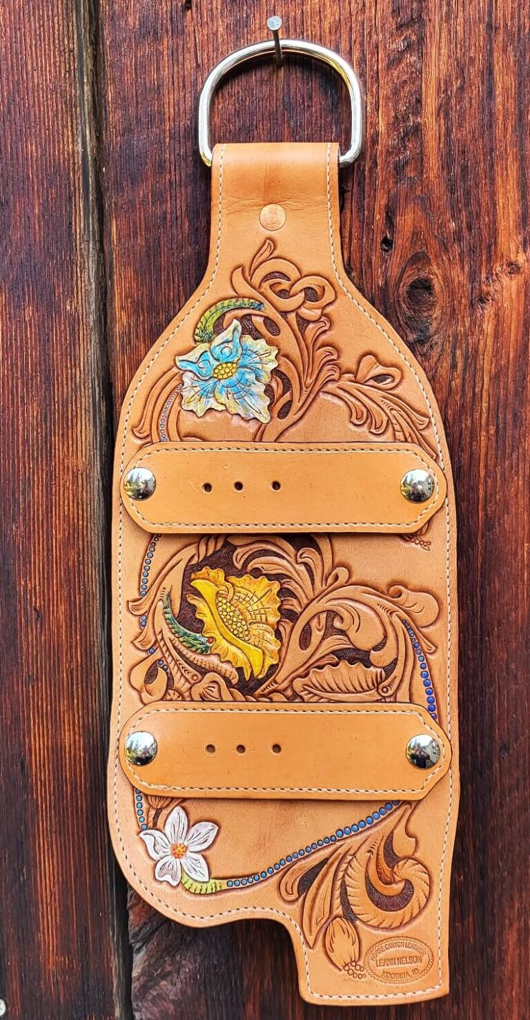 Leather Hand Carved Trophy Buckle Display Wall Art 3 cropped 2 Buckle fender complete outside2