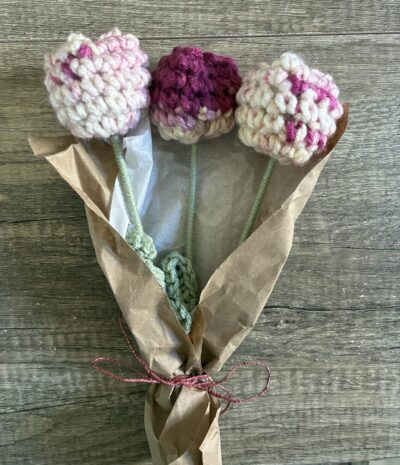 3 Beautiful Mauve & White Multi Colored Crocheted Tulip Bouquet