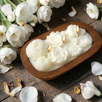 All natural soy wax natural floral wood dough bowl candle.