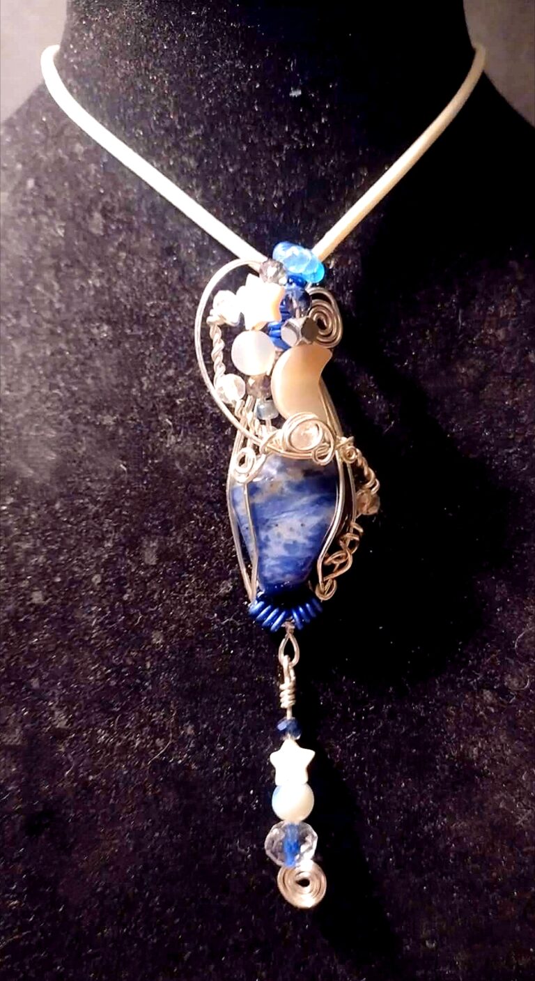 Tidal ~ Sodalite Shell Agate & Glass Wire Wrapped Charm Pendant 3 Polish 20260423 123505823