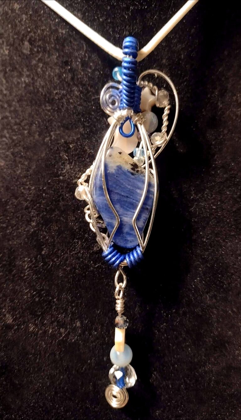Tidal ~ Sodalite Shell Agate & Glass Wire Wrapped Charm Pendant 4 Polish 20260423 124053712
