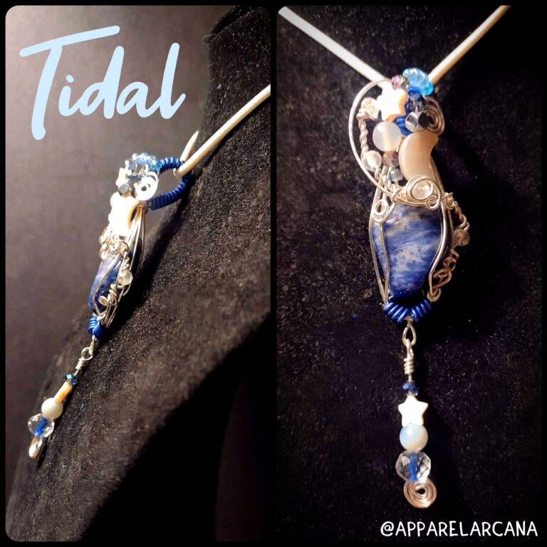 Tidal ~ Sodalite Shell Agate & Glass Wire Wrapped Charm Pendant 1 Polish 20260423 125426276