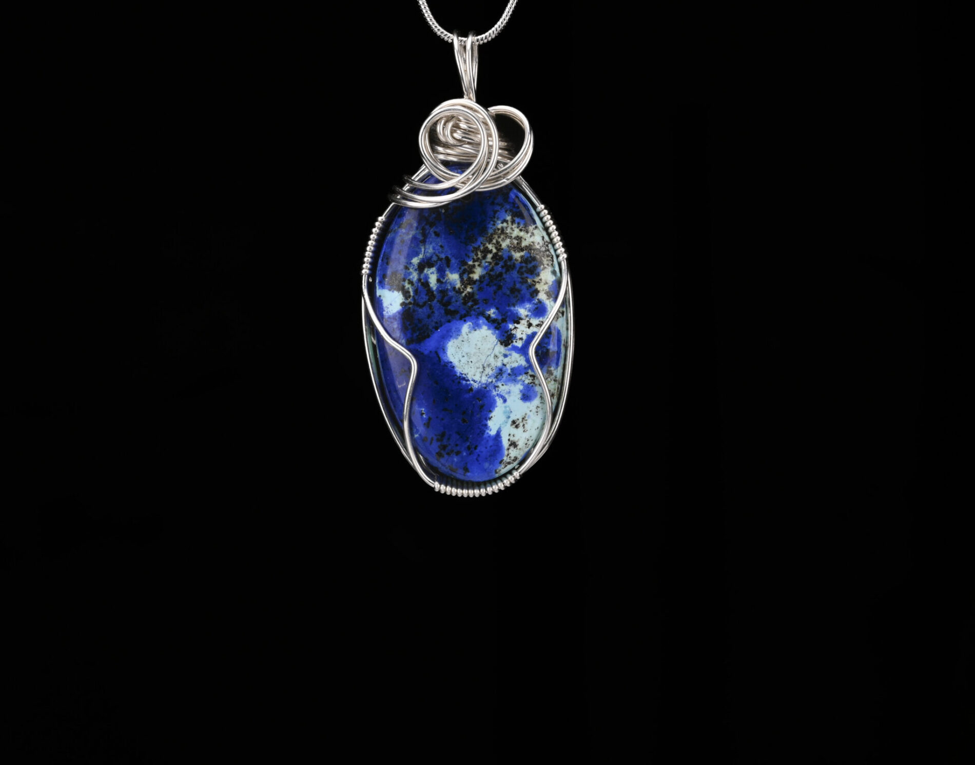 Bluebird Azurite Pendant Wrapped in Argentium Silver – Choice of Chain or Cord