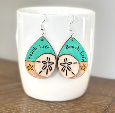 Sand Dollar Beach Wood Earrings, Laser Cut Hand painted, Original Design