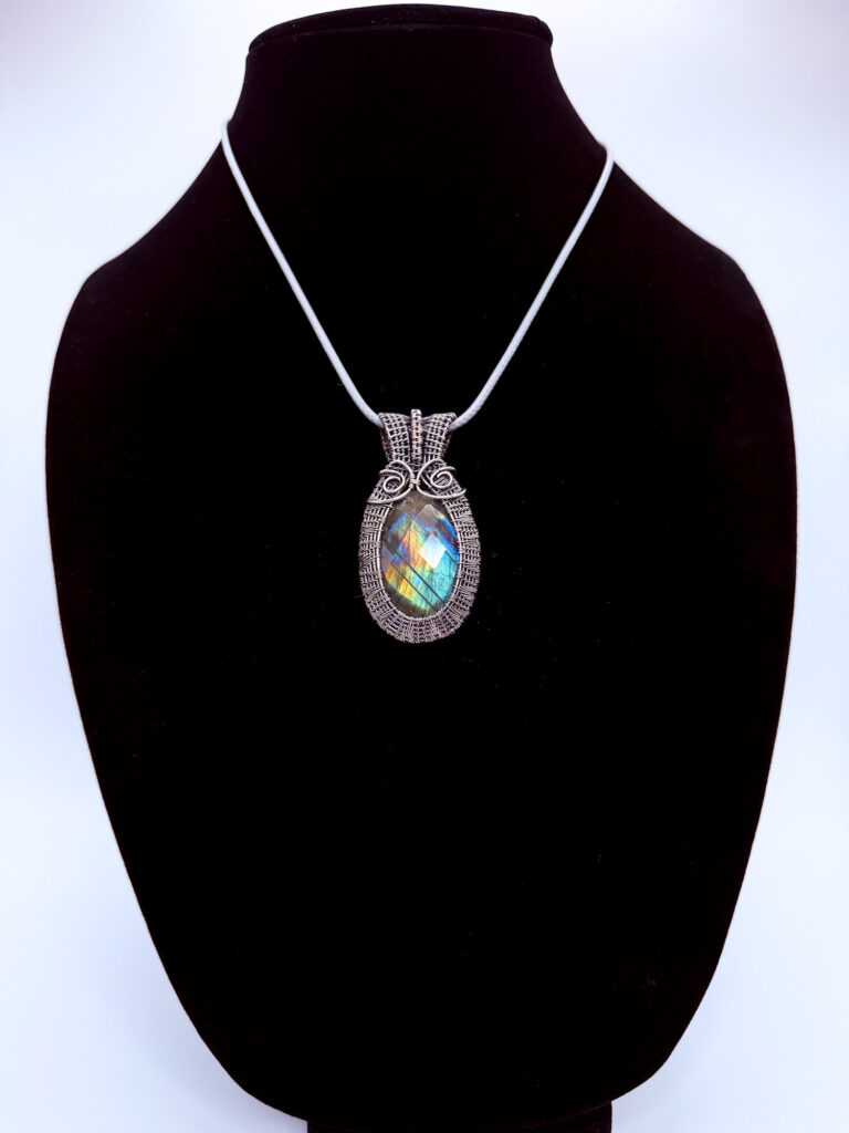 Photo of Awakened Magic Wire Wrapped Faceted Labradorite Necklace on a neck form
