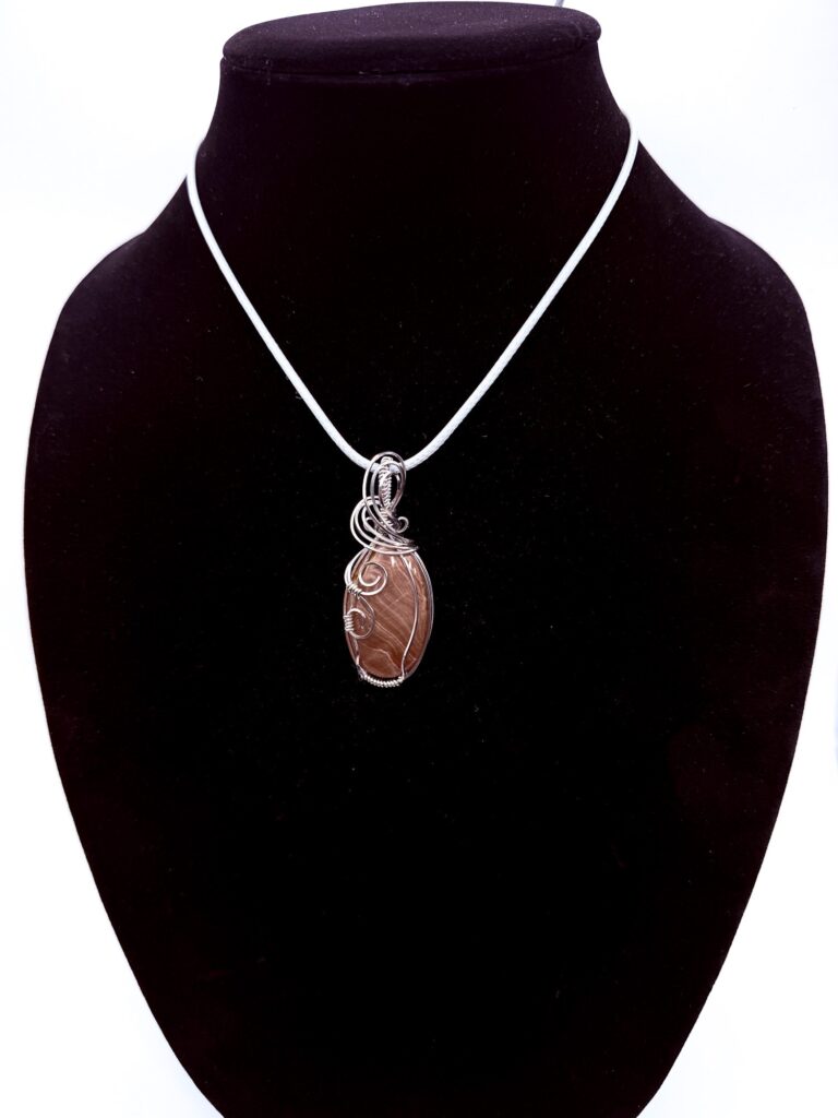 Ancient Calm Wire Wrapped Petrified Wood Necklace 6 Photo of Ancient Calm Wire Wrapped Petrified Wood Necklace on a neck form