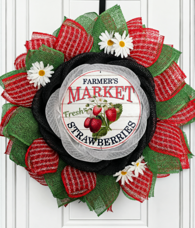 Vibrant Flower Petal Farmhouse Strawberry Deco Mesh Burlap Wreath