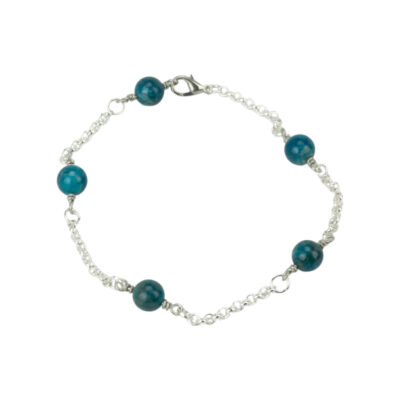 Silver tone chain anklet with five 6mm round bluish green apatite beads and a lobster claw clasp