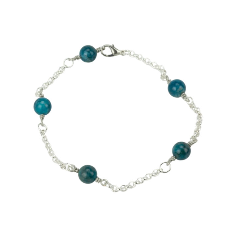 Silver tone chain anklet with five 6mm round bluish green apatite beads and a lobster claw clasp