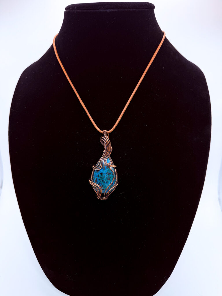 Serene Tides Wire Wrapped Chrysocolla Necklace 6 Photo of Serene Tides Wire Wrapped Chrysocolla Necklace on a neck form