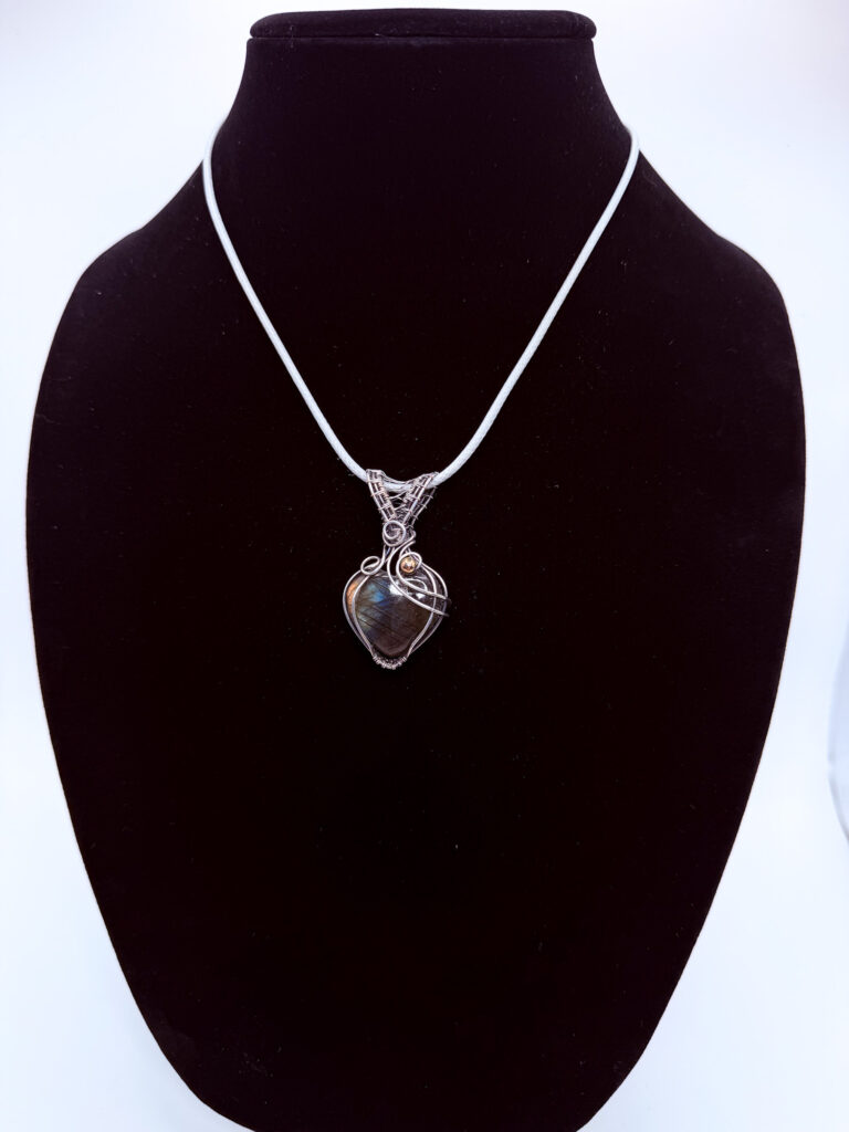 Divine Heart Wire Wrapped Labradorite Pendant 6 Photo of Divine Heart Wire Wrapped Labradorite Pendant on a neck form