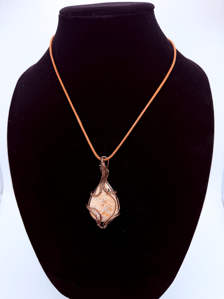 Peaceful Spirit Wire Wrapped Plume Agate Necklace 6 Photo of Peaceful Spirit Wire Wrapped Plume Agate Necklace on a neck form